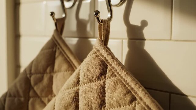 Two pot holders hang on hooks showing their texture and design. Sunlight creates shadows against the tiled wall. Concept of kitchen decor, home improvement, cooking