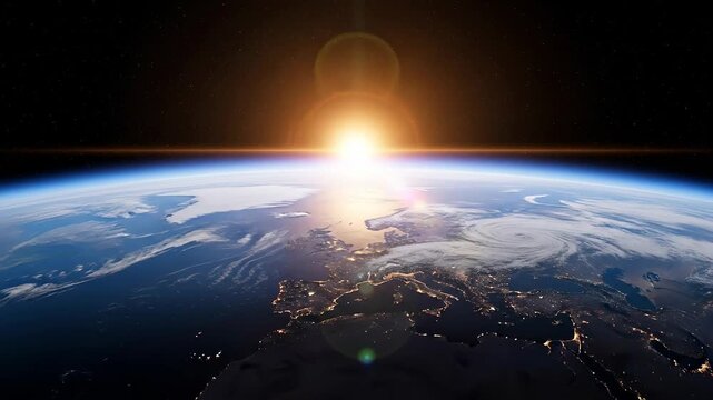 Earth From Space at Sunrise High Angle View of Planet Earth Globe World Space Orbit Light Flare Starfield Universe Cosmos Sky