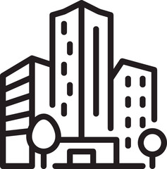 Minimalist line icon of modern city buildings, skyscraper, office tower, urban skyline, metropolis, and real estate symbol