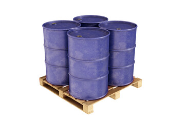 Four chemicals blue barrels on pallet. Metal tanks for chemical storage. Isolated on a white...