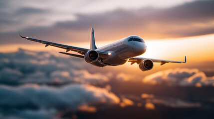 Commercial airplane flying majestically above dramatic cloudscape defocused cloud details stunning sunset aviation scene with soft focus atmospheric golden hour flight blurred