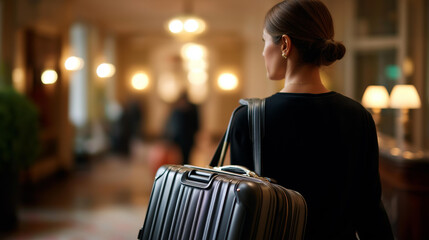 Faceless elegant businesswoman with rolling trolley luggage in hotel lobby defocused upscale setting background anonymous professional without visible face accommodation