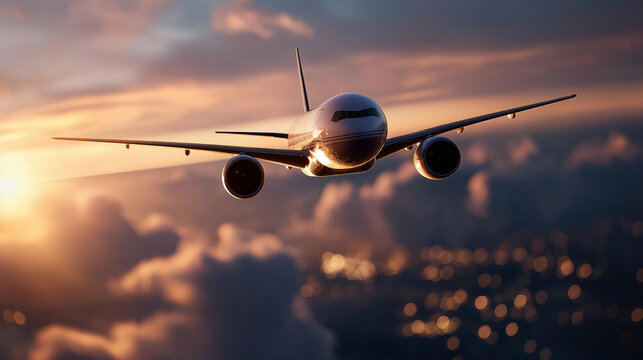 Commercial airplane flying majestically above dramatic cloudscape defocused cloud details stunning sunset aviation scene with soft focus atmospheric golden hour flight blurred - Powered by Adobe