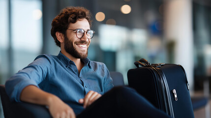 Faceless confident smiling businessman sitting in comfortable armchair with suitcase defocused office background anonymous professional arrival after airport without visible