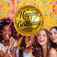 Happy Birthday Celebration with Smiling Friends and Gold Balloon