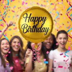 Happy Birthday Celebration with Smiling Friends and Gold Balloon