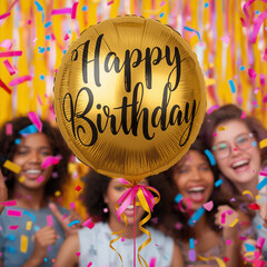 Happy Birthday Celebration with Smiling Friends and Gold Balloon