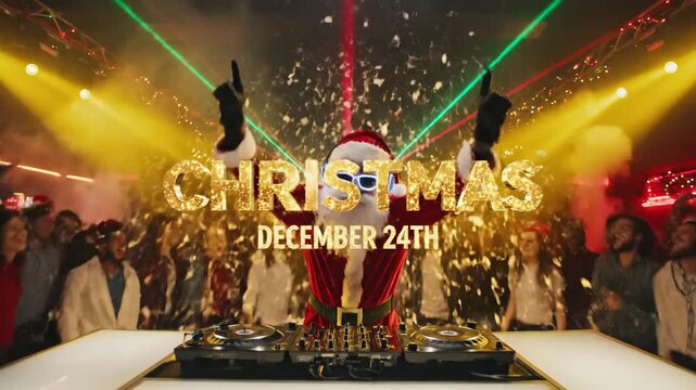 Dj santa claus entertains at a christmas bash party with dancing crowd and stage lights