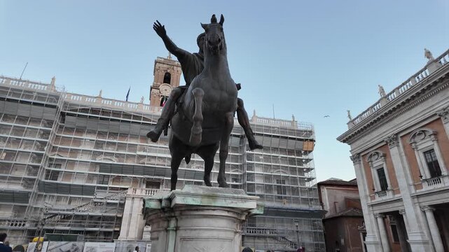 Equestrian statue on Capitoline Hill in Rome, Italy, historic bronze monument with classical charm and cultural atmosphere.