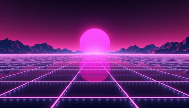 Synthwave landscape with a neon grid and glowing sun in 3D digital art style in vibrant pink and purple colors representing 80s sci-fi aesthetics with copy space