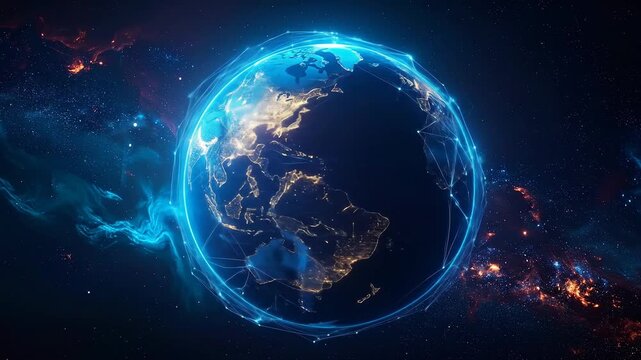 Illuminated Earth Surrounded by Digital Network with Space Background