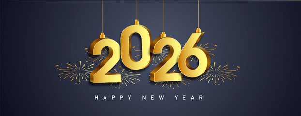 Golden “2026” hanging like ornaments with fireworks and “HAPPY NEW YEAR” on dark blue background. © Vasyl
