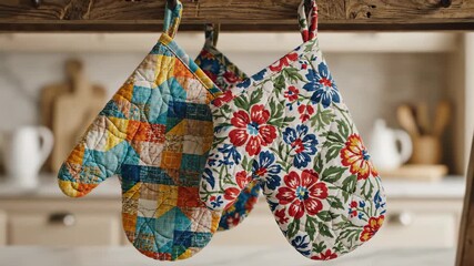 Oven mitts hang on wooden rack in bright kitchen. Decorative floral and patchwork designs add color to tidy space. Concept of kitchenware, home decor, culinary arts