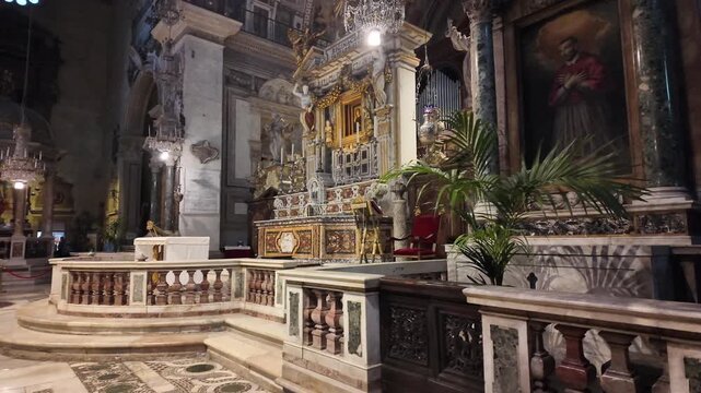 Walking inside of Catholic Basilica of Santa Maria in Aracoeli in Rome, Italy