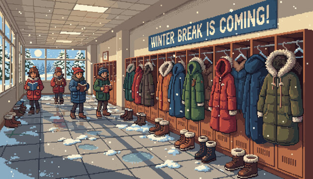 School hallway in a nostalgic pixel art style showing students in winter jackets and boots waiting for the holiday break with snow melting on the floor from outside