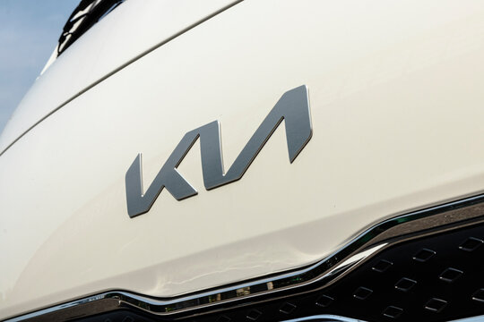 July 19, 2022, Seoul, South Korea - The new Kia logo is seen on the front of a Kia Bongo truck.