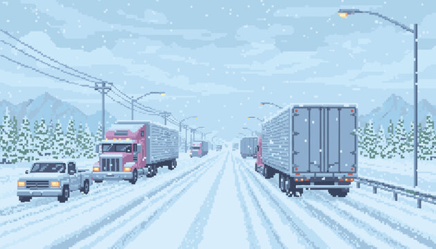 Pixel art illustration of semi trucks driving on a snowy multi-lane highway during a winter snowstorm with mountains and pine trees in a retro 8-bit video game style