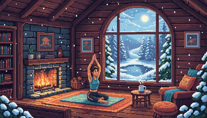 Pixel art woman practicing yoga on a mat inside a cozy rustic log cabin by a warm fireplace during a tranquil snowy winter night with a moonlit landscape
