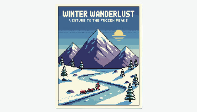 Pixel art winter travel poster illustration showing a person pulling a sled through a snowy mountain landscape with a frozen river and pine trees in a retro 8-bit video game style