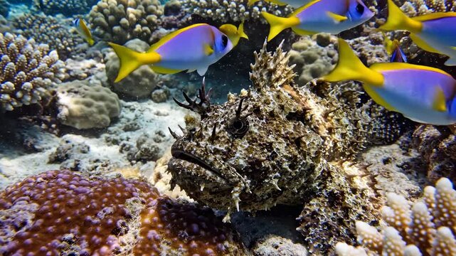 Group of blue tang fish swim near a camouflaged stonefish and tropical reef coral underwater. Marine life and ocean ecosystem.