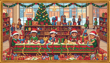 Obraz premium Pixel art illustration of children dressed as elves wrapping Christmas presents at a long table in a busy toy workshop with a decorated tree and a snowy winter scene