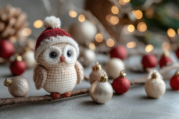 Adorable crochet owl in Santa hat perched among ornaments and festive lights..Perfect for Christmas card designs, holiday craft promotions, or cozy gift campaigns.