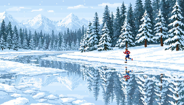 Pixel art runner jogging through a snowy winter landscape with a frozen river, pine forest, and mountains in a retro 8-bit video game style with falling snow