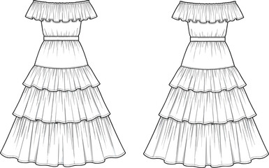 Tiered off-shoulder dress technical sketch, ruffled neckline layered skirt design, front back view garment, flat vector illustration