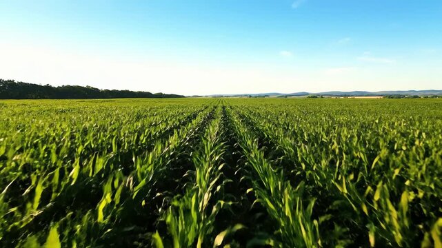Drone flies over a vast green cornfield with perfect rows under a clear blue sky
