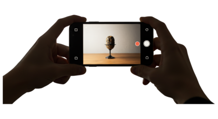 Hands holding smartphone taking photo of microphone on wooden table for social media content, photography concept Isolated on transparent background