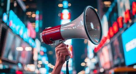 Hand Holding a Red and White Megaphone Against Blurred City Lights at Night