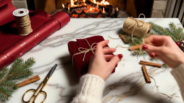 Hands tying bow on gift wrapped in red paper with fireplace background