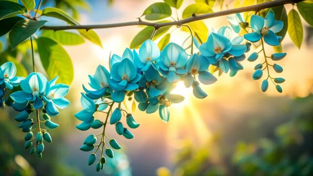 Close Up of Blue Wisteria Flowers on Branch with Sunlight Bursting Through Leaves on a Bright Day