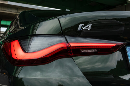 June 5, 2022, Seoul, South Korea - Close-up of the rear tail light and emblem of a BMW i4 electric vehicle.