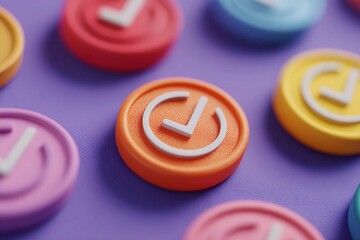 Colorful tokens with clock symbols arranged on a purple surface for game play or educational activities focused on time management