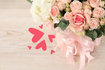 Bouquet of beautiful flowers and hearts on romantic greeting card
