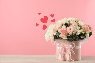 Bouquet of beautiful flowers and hearts on romantic greeting card