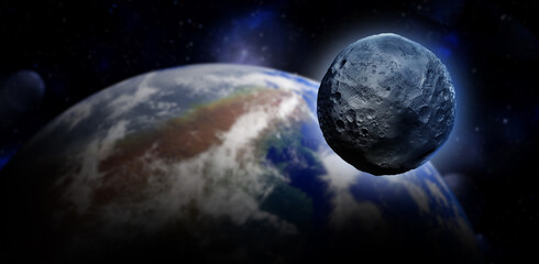 Celestial body and bright planet in space