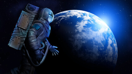 Obraz premium Astronaut wearing special suit and celestial body in space. Banner design