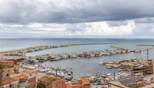 Busy Mediterranean Fishing Port with Historic Town and Breakwaters, Sciacca, Sicily