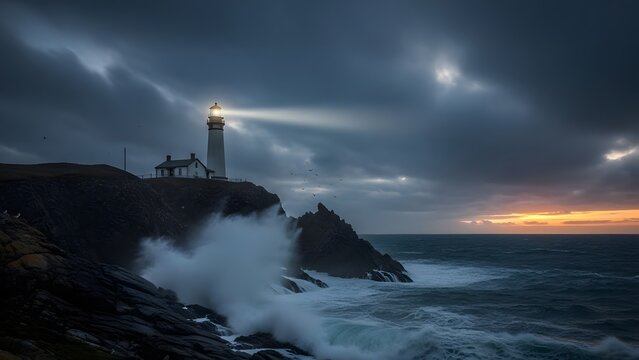 Dramatic lighthouse beam pierces stormy dusk sky over crashing waves