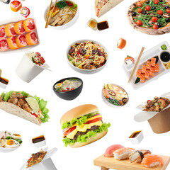 Different fast food falling on white background. Meal delivery service