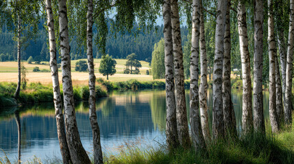 Obraz premium Tranquil river landscape with birch trees along the waterbank and golden fields under a clear sky in a peaceful countryside setting