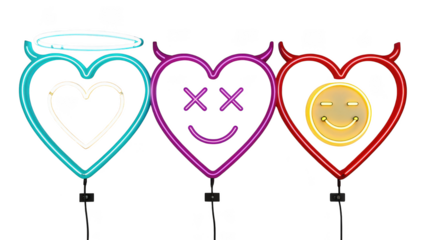 Three heart-shaped balloons with diverse expressions isolated on transparent background