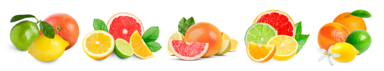 Various citrus fruits isolated on white, set
