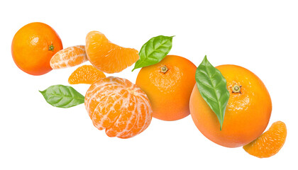 Fresh juicy tangerines flying in air on white background