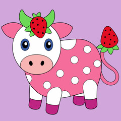 Cute strawberry cow illustration with polka dots isolated on white background silhouette