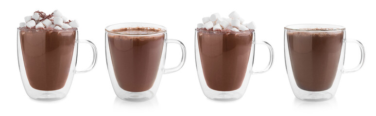 Hot cocoa with marshmallows and chocolate shavings in cup isolated on white, collection