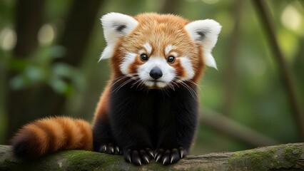 Fototapeta premium Adorable red panda with fluffy tail sits on a branch