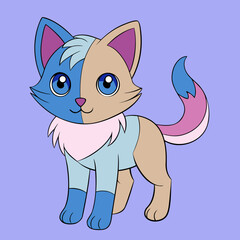 Cute bicolor cat character with big blue eyes and fluffy tail silhouette isolated on white background